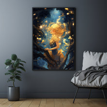 Mystical Girl in the Night Sky - Dark Forest Poster, Enchanting Art for Forest Girl Enthusiasts