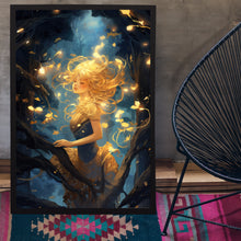 Mystical Girl in the Night Sky - Dark Forest Poster, Enchanting Art for Forest Girl Enthusiasts