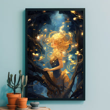 Mystical Girl in the Night Sky - Dark Forest Poster, Enchanting Art for Forest Girl Enthusiasts