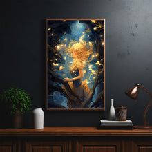 Mystical Girl in the Night Sky - Dark Forest Poster, Enchanting Art for Forest Girl Enthusiasts