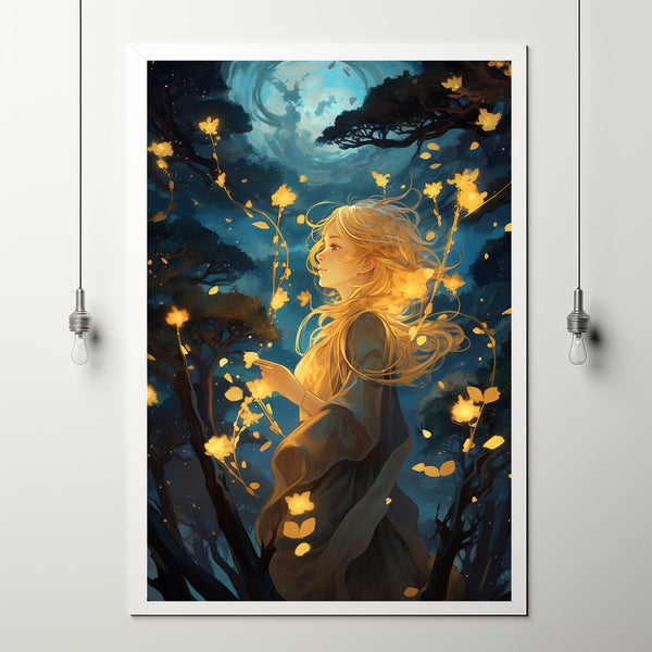 Mystical Girl in the Night Sky - Dark Forest Poster, Enchanting Art for Forest Girl Enthusiasts