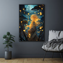 Mystical Girl in the Night Sky - Dark Forest Poster, Enchanting Art for Forest Girl Enthusiasts