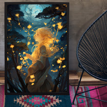 Mystical Girl in the Night Sky - Dark Forest Poster, Enchanting Art for Forest Girl Enthusiasts