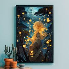 Mystical Girl in the Night Sky - Dark Forest Poster, Enchanting Art for Forest Girl Enthusiasts