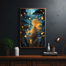 Mystical Girl in the Night Sky - Dark Forest Poster, Enchanting Art for Forest Girl Enthusiasts