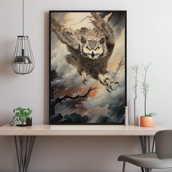 Flying Owl Poster - Enchanting Witchy Room Decor | Cottagecore Prints | Farmhouse Style Nature Aesthetic | Antique Oil Painting Art