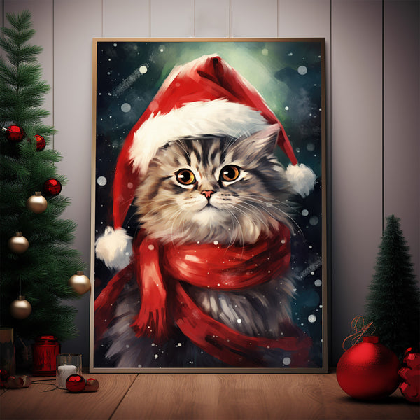 Santa Cat Poster - Festive Christmas Cat Art | Vintage Xmas Decor Art Print for Holiday Cheer