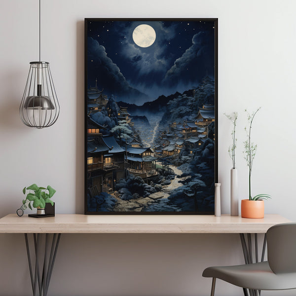 Night Japanese Mountain Landscape Poster - Enchanting Night Mountain Wall Art
