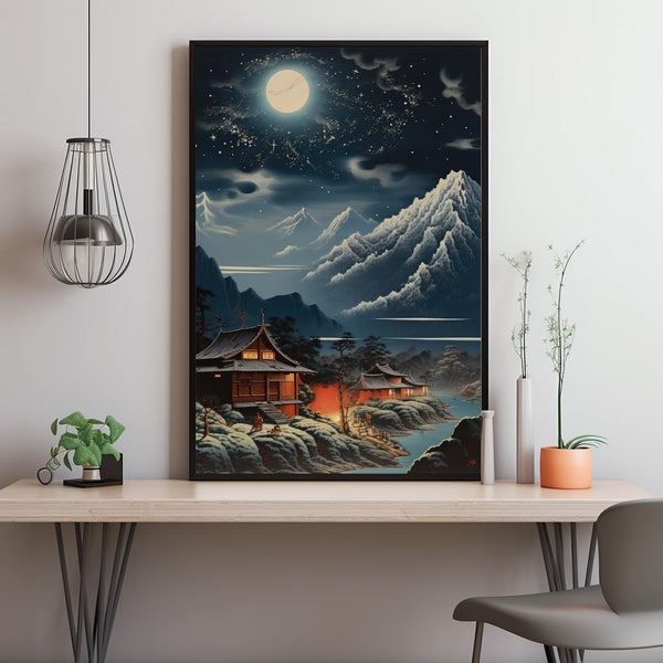 Night Japanese Mountain Landscape Poster - Enchanting Night Mountain Wall Art