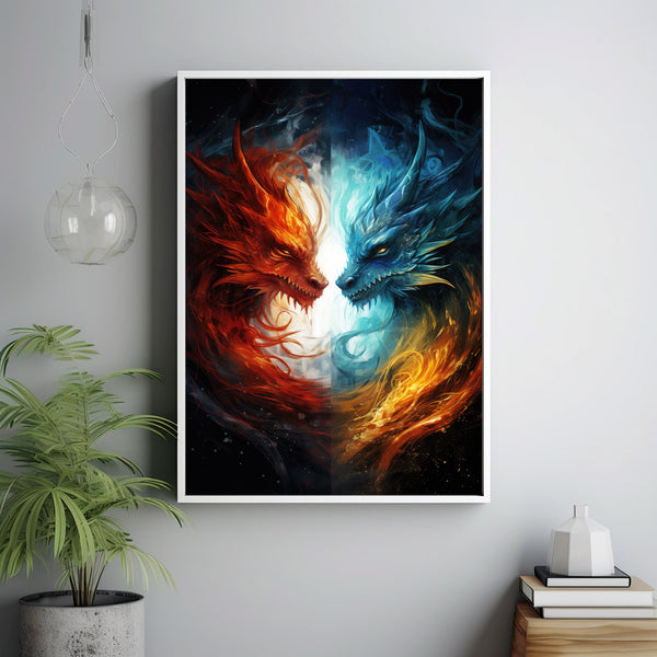 Eternal War - Fire Dragon vs Ice Dragon Poster - Dragon Wall Art - Oil Painting Style
