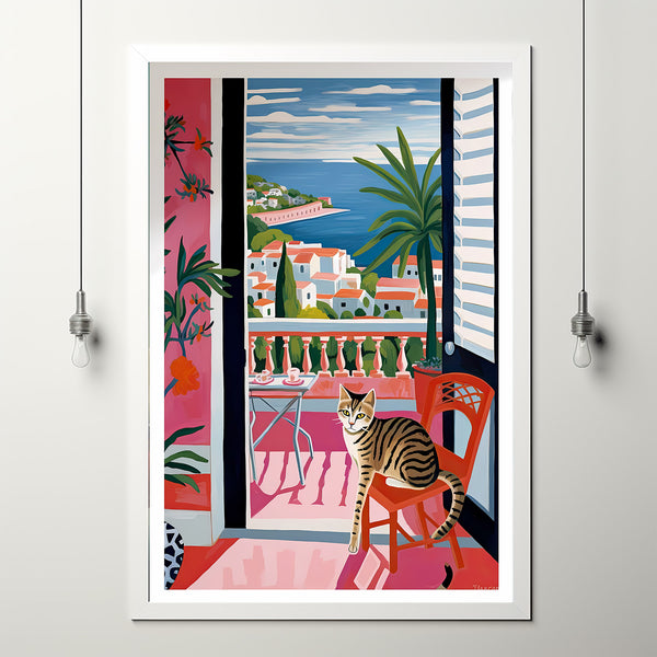Balcony Cat, Garden Cat Print, Flowers Cat Poster, Brown Cat Art, Floral Print, Funny Cat print, Trendy wall Art, Pink Colorful Art, Spain