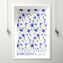 Barcelona Flower Market Print, Watercolor Framed Wall Art, Blue Wall Art, Botanical Wall Art, Retro Flower Decor, Floral Illustration