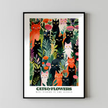 Black And White Cats, Summer Flower Print, Red Cats, Green Ferns, Cats in Garden, Funny Cat Poster, Eclectic Wall Art, Cat Illustration