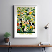Black And White Cats, Summer Flower Print, Red Roses, Yellow Peony, Cats in Garden, Funny Cat Poster, Eclectic Wall Art, Cat Illustration