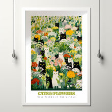 Black And White Cats, Summer Flower Print, Red Roses, Yellow Peony, Cats in Garden, Funny Cat Poster, Eclectic Wall Art, Cat Illustration