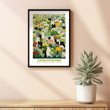 Black And White Cats, Summer Flower Print, Red Roses, Yellow Peony, Cats in Garden, Funny Cat Poster, Eclectic Wall Art, Cat Illustration