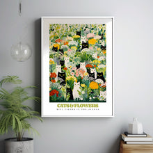 Black And White Cats, Summer Flower Print, Red Roses, Yellow Peony, Cats in Garden, Funny Cat Poster, Eclectic Wall Art, Cat Illustration