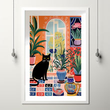 Black Cat Print, Botanical Wall Art, Pink and Orange Wall Art, Cat Illustration, Cat Poster, Cat Wall Art, Animal Wall Art, Boho Botanical