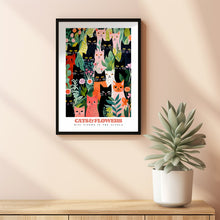 Black Cat Wall Art, Cat Gardeners, Cat Flower Poster, Funny Cats, Black and White Cat, Pink Flower art, Eclectic Wall Art, Cat lovers gift