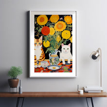 Black and Brown Cat Poster, Yellow Sunflower, Flowers and Cats, Flower Art Print, Cat Art Print, Cat Illustration, Gifts for Cat Lovers