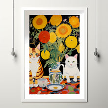 Black and Brown Cat Poster, Yellow Sunflower, Flowers and Cats, Flower Art Print, Cat Art Print, Cat Illustration, Gifts for Cat Lovers