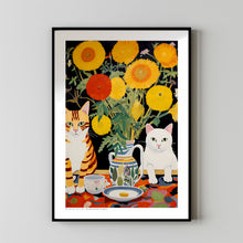 Black and Brown Cat Poster, Yellow Sunflower, Flowers and Cats, Flower Art Print, Cat Art Print, Cat Illustration, Gifts for Cat Lovers