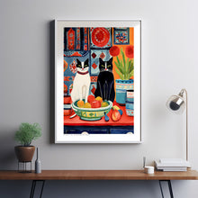 Black and White Cat Poster, Trendy Cat Wall Art, Home Decor Print, Red and Blue Art, Cat Lover Gift, Watercolor Cat Illustration