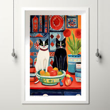 Black and White Cat Poster, Trendy Cat Wall Art, Home Decor Print, Red and Blue Art, Cat Lover Gift, Watercolor Cat Illustration
