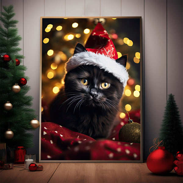 Black Cat with Santa Hat Christmas Poster - Festive Feline Art | Vintage Xmas Decor Art Print | Ideal Gift for Cat Lovers