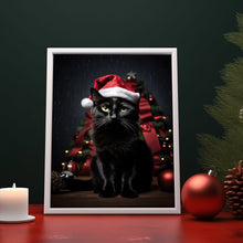 Black Cat with Santa Hat Christmas Poster - Festive Feline Art | Vintage Xmas Decor Art Print | Ideal Gift for Cat Lovers