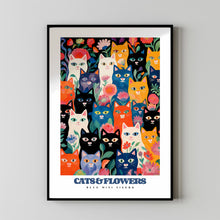 Blue and Red Cats Print, Black and White Cats, Flower Cats, Cute Cat At, Funny Cat Poster, Retro Cat Print, Cat Lover Gift, Cat Illustration