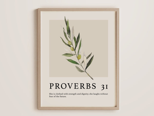 Boho-Style 'Proverbs 31 Woman' Poster Gift for Her - Christian Wall Art with Olive Branch, Bible Verse (Physical Print) 1586073972