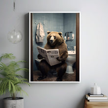 Humorous Grizzly Brown Bear on Toilet Poster - Whimsical Bear Reading Newspaper Wall Art, Unique Animal Print, Safari Bear Art for Fun Home Decor