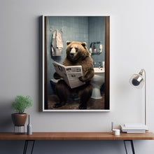 Humorous Grizzly Brown Bear on Toilet Poster - Whimsical Bear Reading Newspaper Wall Art, Unique Animal Print, Safari Bear Art for Fun Home Decor