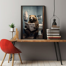 Humorous Grizzly Brown Bear on Toilet Poster - Whimsical Bear Reading Newspaper Wall Art, Unique Animal Print, Safari Bear Art for Fun Home Decor