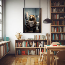 Humorous Grizzly Brown Bear on Toilet Poster - Whimsical Bear Reading Newspaper Wall Art, Unique Animal Print, Safari Bear Art for Fun Home Decor