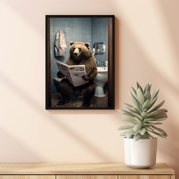 Humorous Grizzly Brown Bear on Toilet Poster - Whimsical Bear Reading Newspaper Wall Art, Unique Animal Print, Safari Bear Art for Fun Home Decor