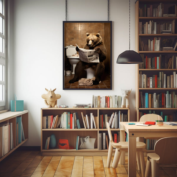 Humorous Grizzly Brown Bear on Toilet Poster - Whimsical Bear Reading Newspaper Wall Art, Unique Animal Print, Safari Bear Painting for Fun Home Decor