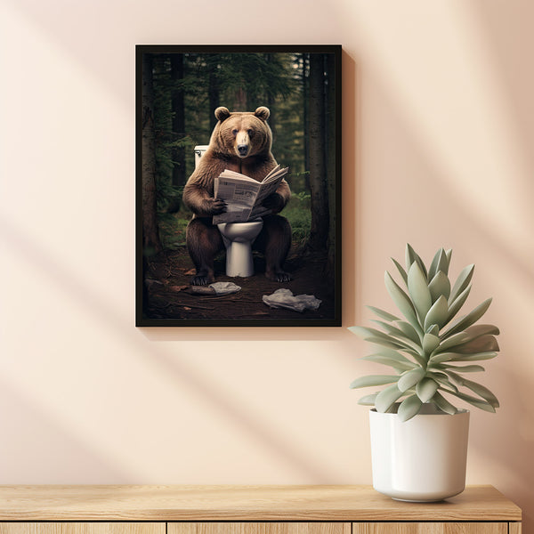 Humorous Grizzly Brown Bear on Toilet Poster - Whimsical Bear Reading Newspaper Wall Art, Unique Animal Print, Safari Bear Art for Fun Home Decor