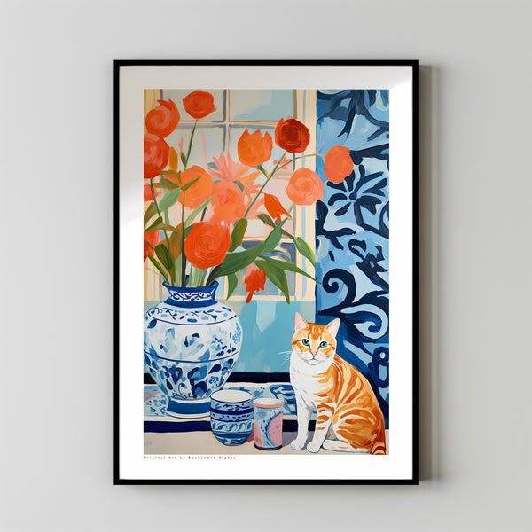 Brown and White Cat Poster, Trendy Cat Wall Art, Home Decor Print, Blue Wall Art, Cat Lover Gift, Watercolor Cat Illustration, Cat Print