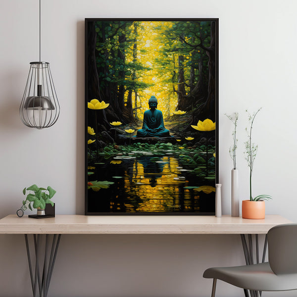 Meditative Wall Art Decor - Spiritual Boho Hippie Poster with Enchanted Forest River and Buddha | Whimsical Eastern Yoga Zen Art Print