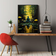 Meditative Wall Art Decor - Spiritual Boho Hippie Poster with Enchanted Forest River and Buddha | Whimsical Eastern Yoga Zen Art Print