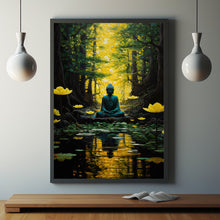 Meditative Wall Art Decor - Spiritual Boho Hippie Poster with Enchanted Forest River and Buddha | Whimsical Eastern Yoga Zen Art Print