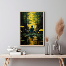 Meditative Wall Art Decor - Spiritual Boho Hippie Poster with Enchanted Forest River and Buddha | Whimsical Eastern Yoga Zen Art Print