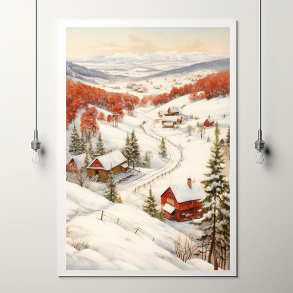 Charming Vintage Winter Village Painting | Classic Snowy Farmhouse Scene | Rustic Red Barn Home Decor | Ideal Christmas Gift for Art Lovers