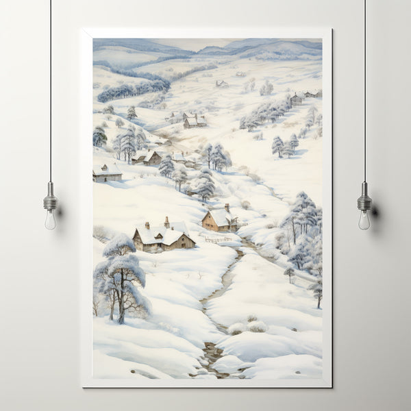 Enchanting Snow Village River Poster | Winter Landscape Wall Art | Cozy Seasonal Home Decor | Perfect Christmas Gift for Winter