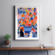 Cat In Flowers, Flowers and Cats, Red Blue Art, Flower Art Print, Cat Art Print, Cat Illustration, Floral Wall Decor, Gifts for Cat Lovers