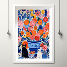 Cat In Flowers, Flowers and Cats, Red Blue Art, Flower Art Print, Cat Art Print, Cat Illustration, Floral Wall Decor, Gifts for Cat Lovers