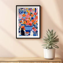 Cat In Flowers, Flowers and Cats, Red Blue Art, Flower Art Print, Cat Art Print, Cat Illustration, Floral Wall Decor, Gifts for Cat Lovers