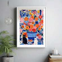 Cat In Flowers, Flowers and Cats, Red Blue Art, Flower Art Print, Cat Art Print, Cat Illustration, Floral Wall Decor, Gifts for Cat Lovers